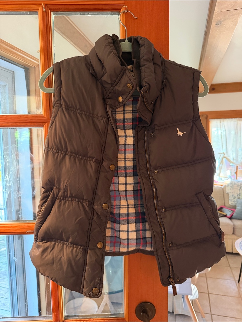 Jack Wills Brown Quilted Puffer Vest with Plaid Lining